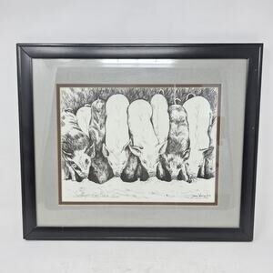 Vintage Original Artwork Nursing Piglet Sketch Portrait Artist Signed Framed 98'